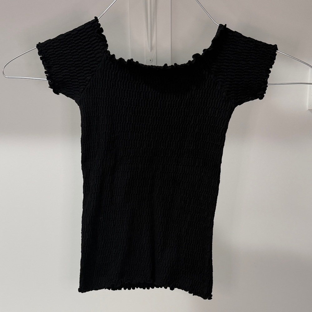 Black Smocked Short Sleeve Crop Top